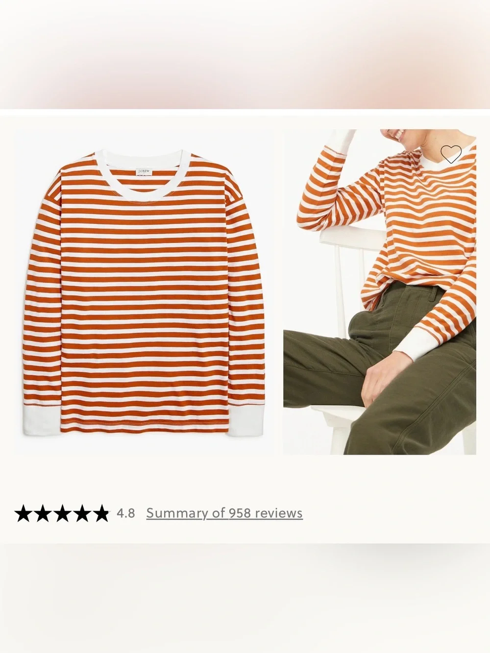 J.Crew women’s Rust & White Striped Long-Sleeve Cotton T shirt